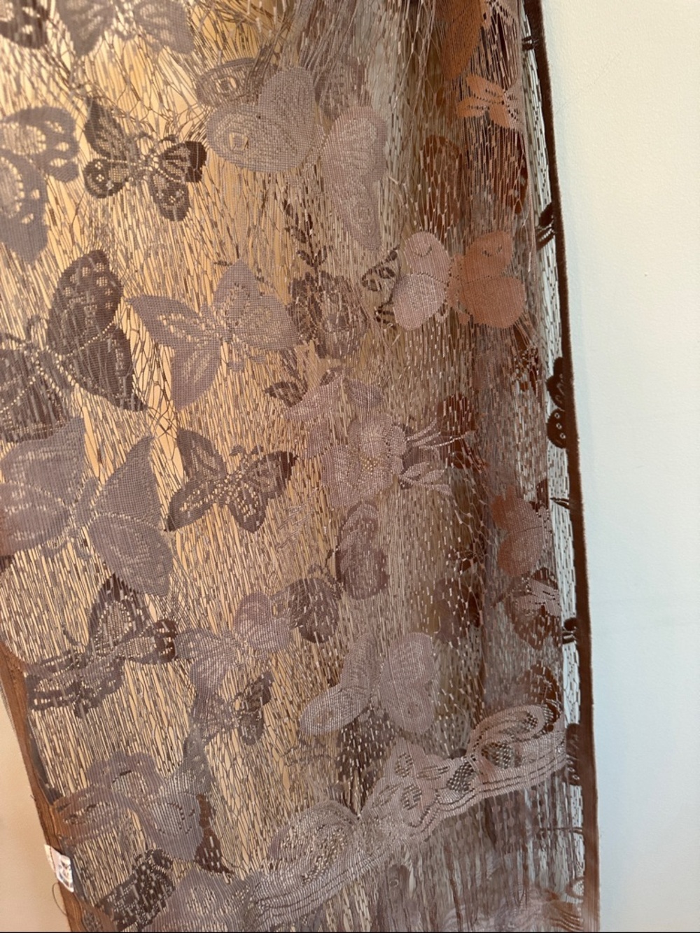 Sheer Taupe Lace Wrap Shawl – Butterflies & Flowers – Fringe Border – 22x69”